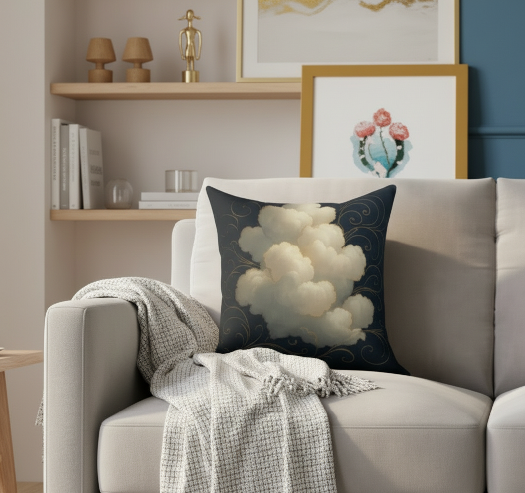 Grey cloud throw pillow on light grey sofa - minimalist Scandinavian home decor accent cushion