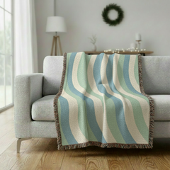 Coastal Wave Woven Blanket - Sage Green & Blue Striped Throw Blanket