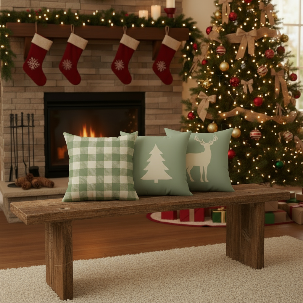 Sage Green Christmas Pillow Set - 3 Piece Collection (18"×18")