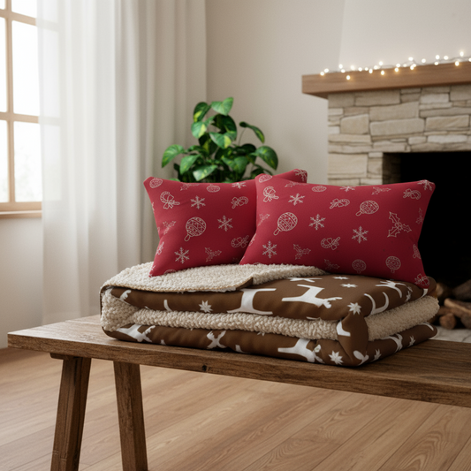Cozy Christmas Home Decor Bundle - Holiday Pillow & Reindeer Blanket Set