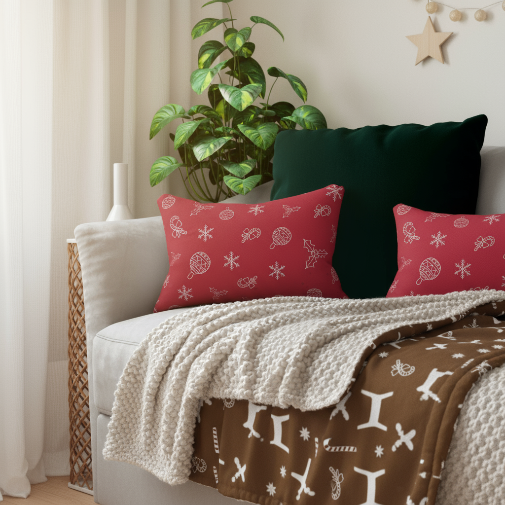 Cozy Christmas Home Decor Bundle - Holiday Pillow & Reindeer Blanket Set