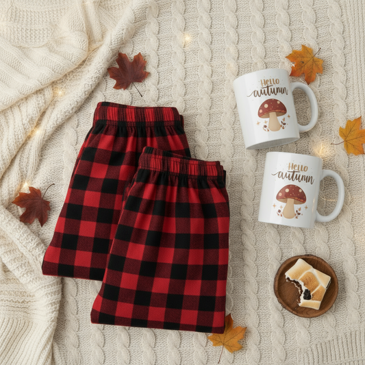 Buffalo Check Couples Bundle - Matching Pajamas & Autumn Mugs Set