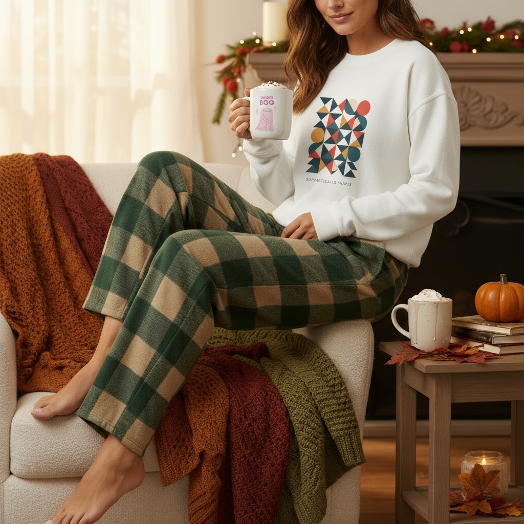 Person wearing a white sweatshirt with a geometric pattern and plaid pants, sitting on a couch holding a mug.