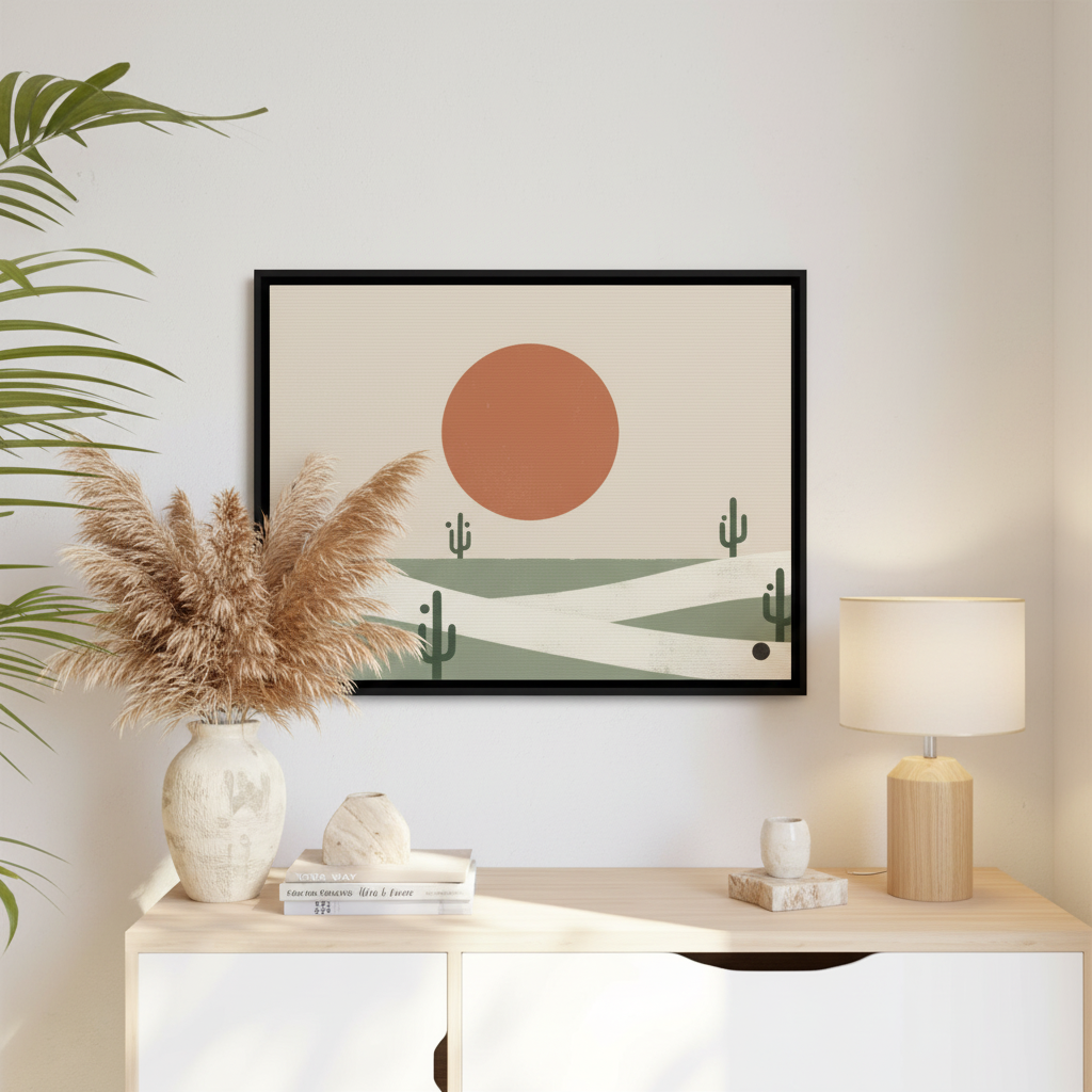 Desert landscape canvas print with geometric design displayed above console table in contemporary entryway with pampas grass decor
