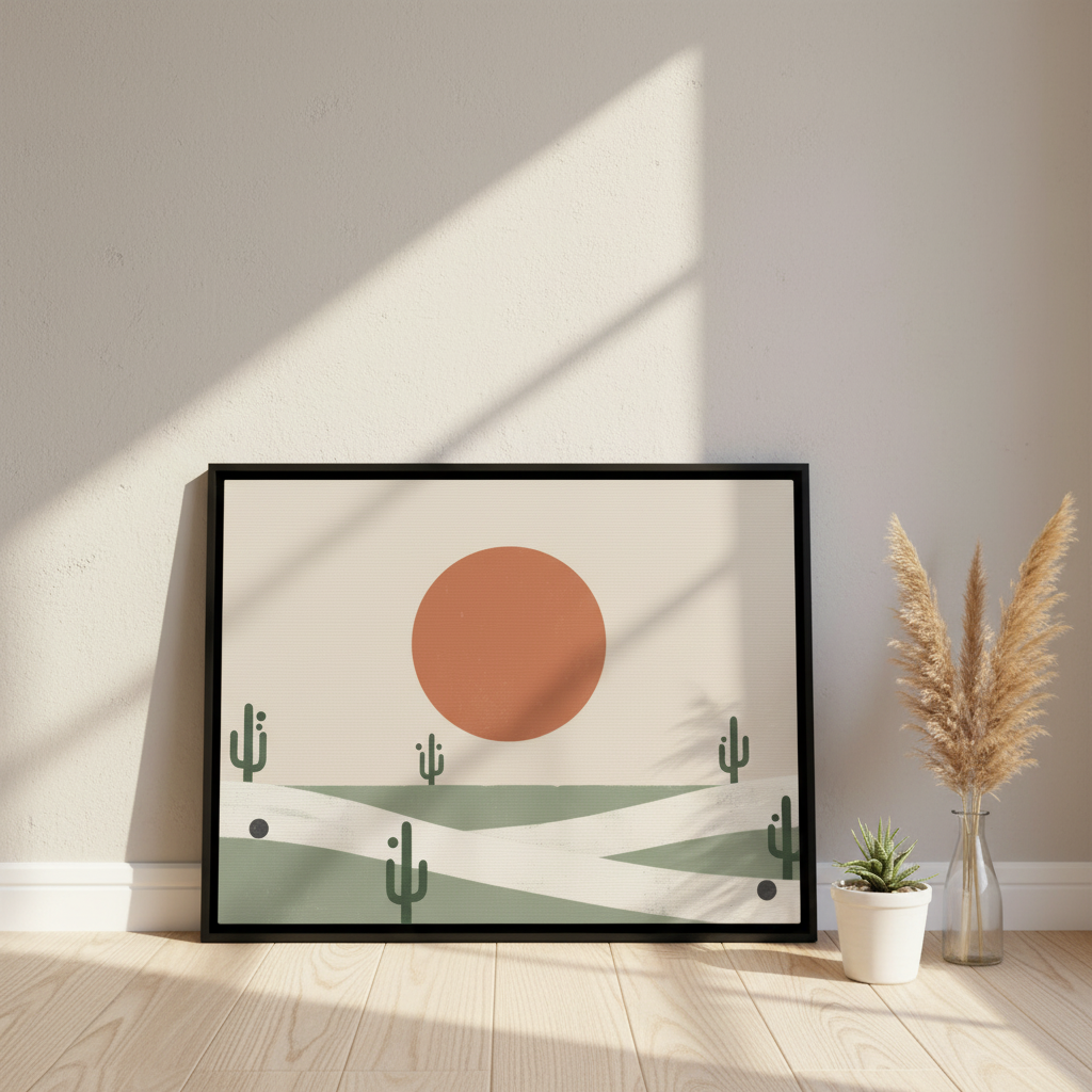Desert sunset canvas print with terracotta sun and cactus landscape leaning against white wall with natural sunlight and minimalist decor