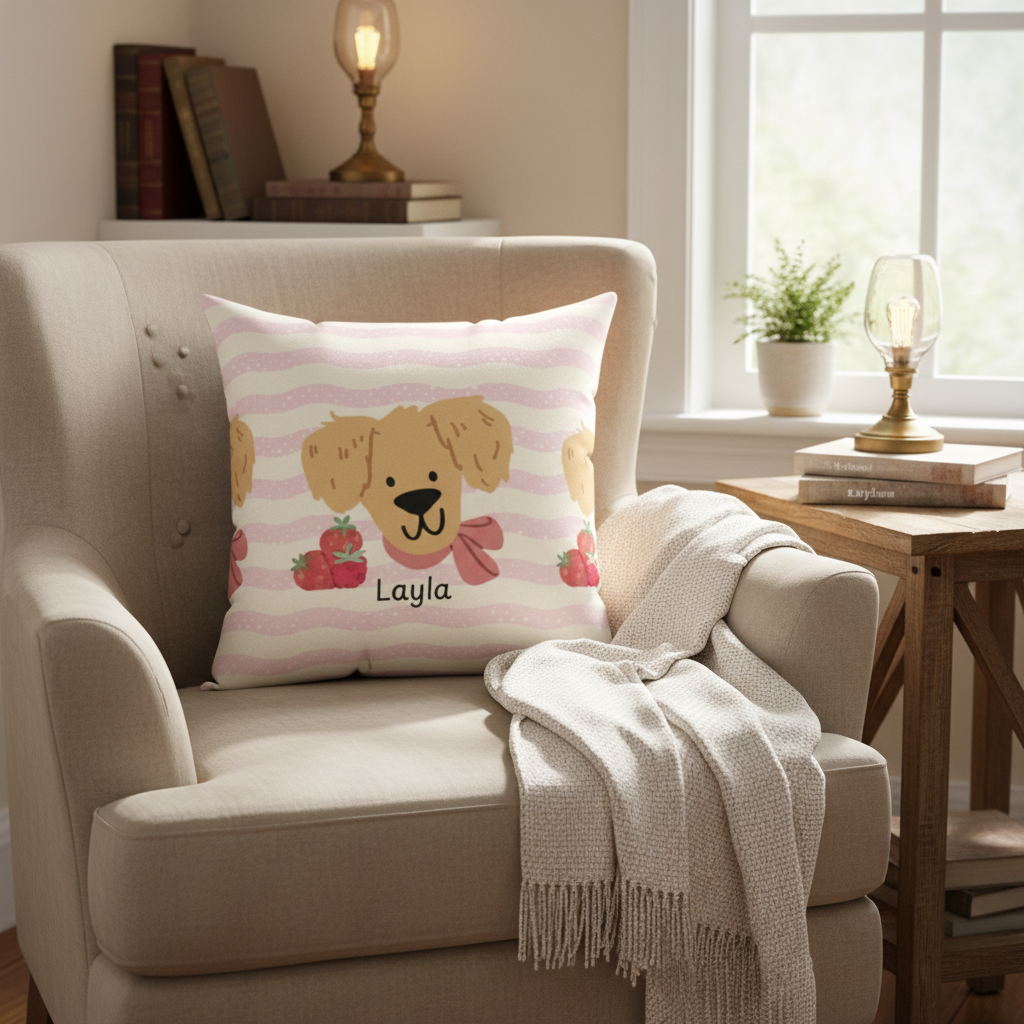 Pink dog themed throw pillow personalized golden retriever pet lover home decor accent cushion