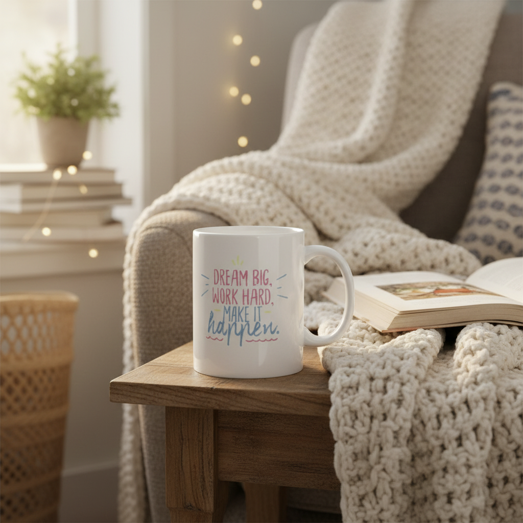 Inspirational coffee mug on living room table - Dream Big motivational quote ceramic cup cozy home setting