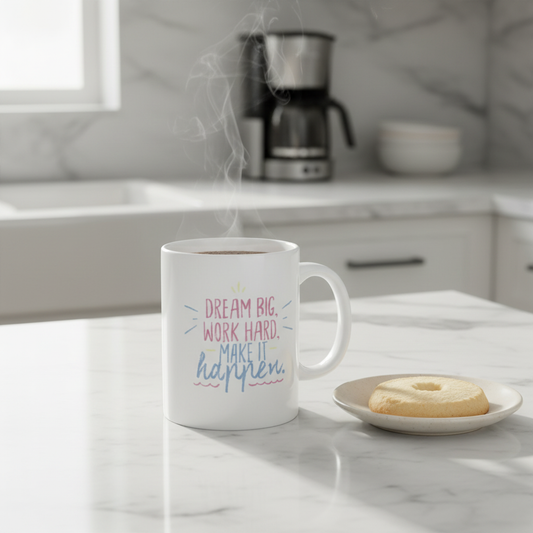 Dream Big Work Hard Make it Happen white ceramic mug on kitchen counter with pastry - motivational coffee cup lifestyle
