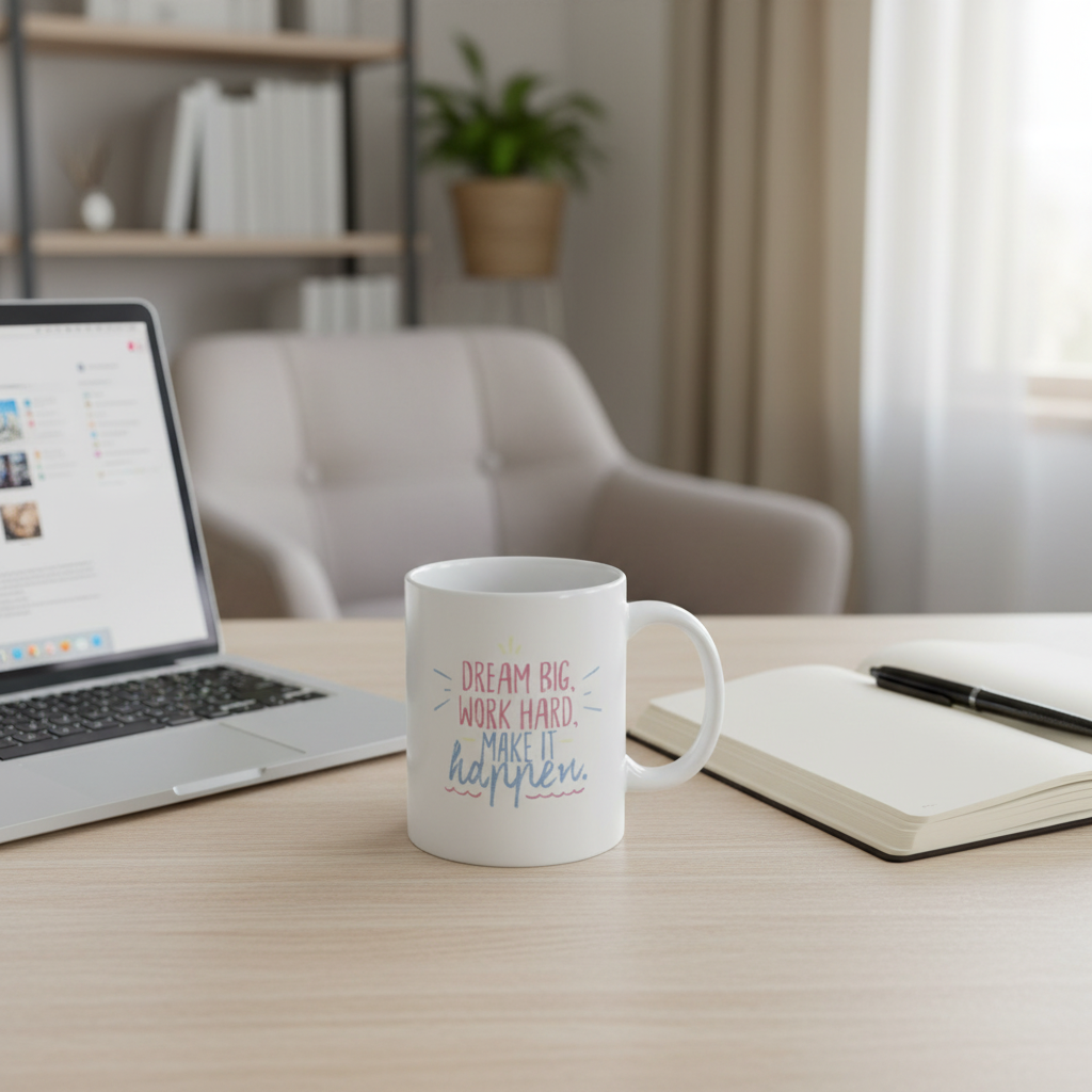 Dream Big Work Hard motivational mug on desk with laptop and notebook - inspirational office decor coffee cup