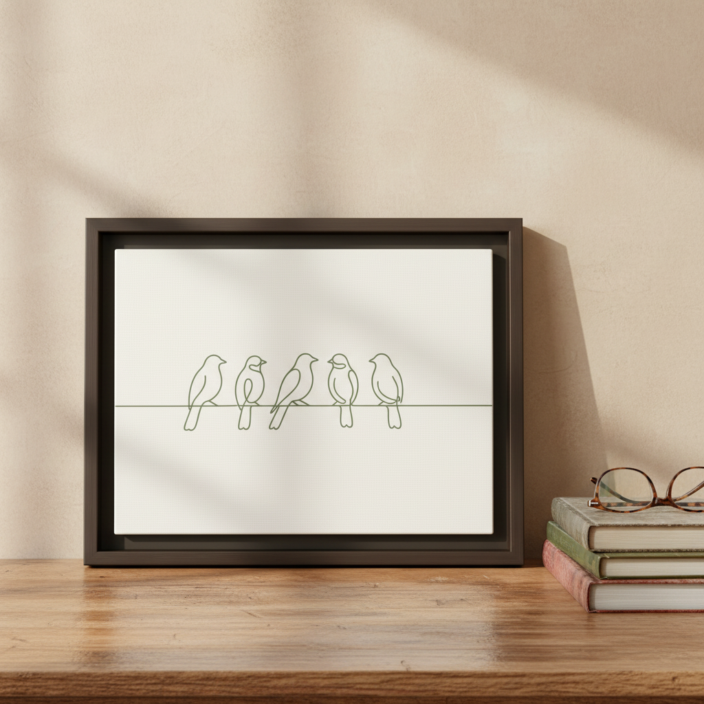 Minimalist birds on wire canvas print 12x9 inches in black pinewood frame displayed on wooden surface with books and reading glasses