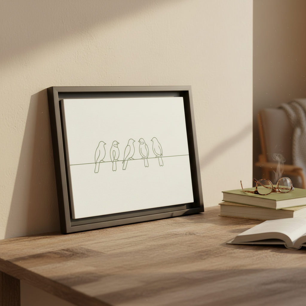 Birds on wire line art canvas in espresso brown frame on desk with books and coffee cup in cozy reading nook