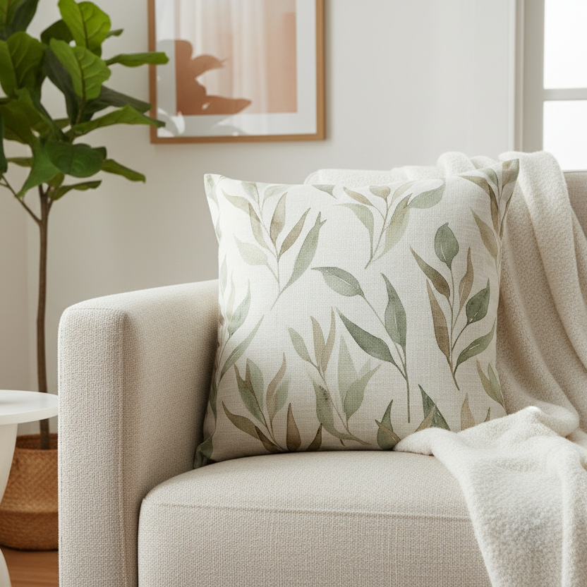 Sage green eucalyptus pillow on rattan bench with cream throw blanket - botanical home decor