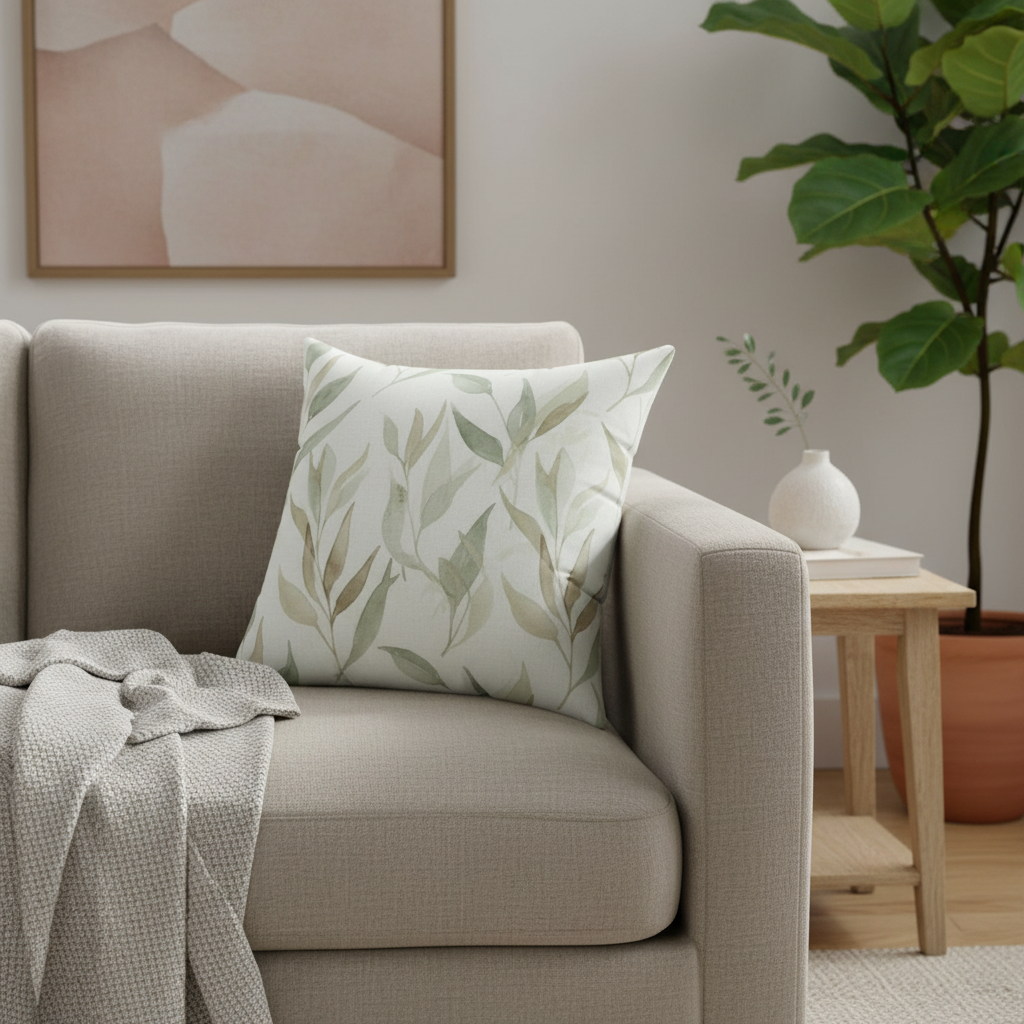 Eucalyptus botanical pillow on beige sofa - sage green watercolor throw pillow 18x18