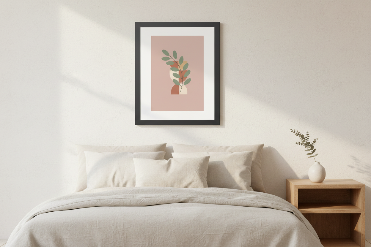  Eucalyptus botanical framed art in modern bedroom neutral decor sage green blush pink wall art
