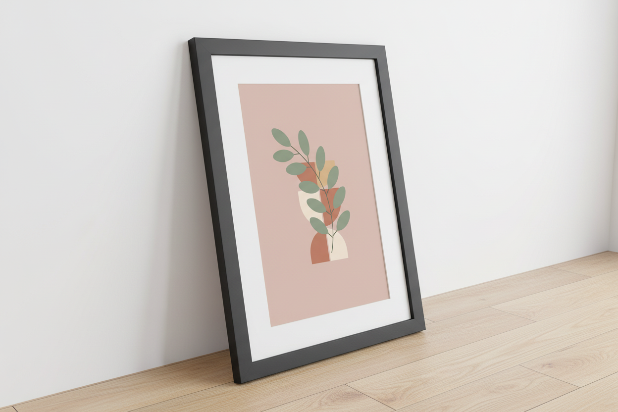 Black framed botanical poster side view eucalyptus art print minimalist home decor