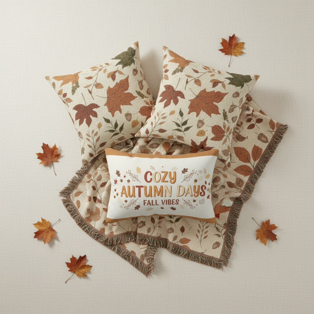 Decorative pillows with autumn leaf patterns and a blanket on a light background