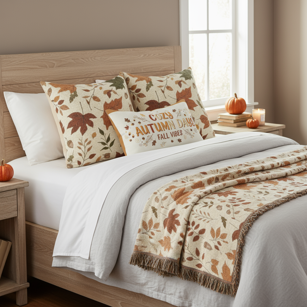Bedroom with autumn-themed bedding and decor, including pillows and a blanket.
