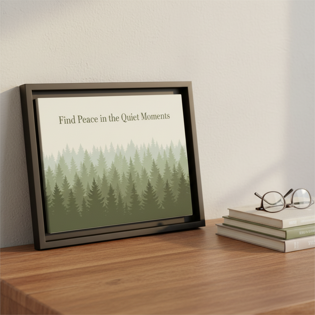 Framed botanical canvas wall art showing misty pine forest in sage green tones with books and glasses