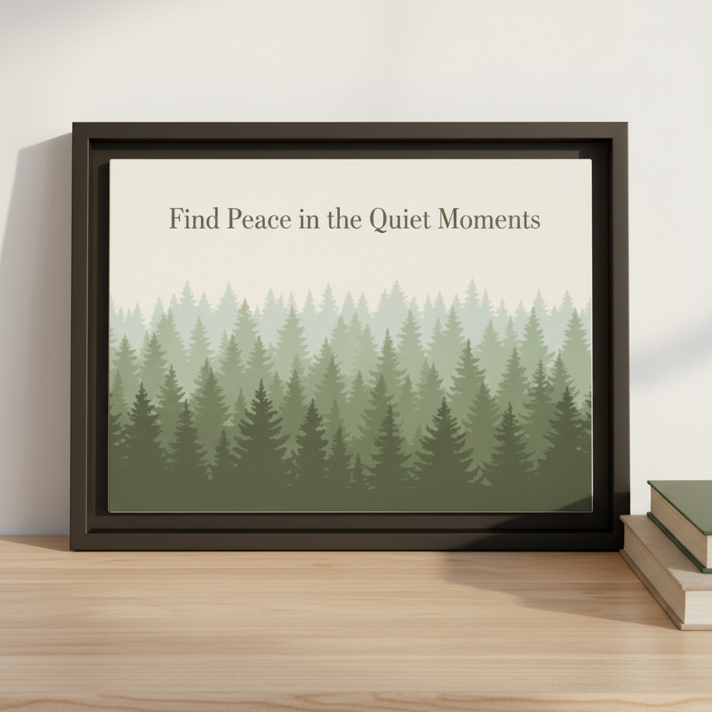 Find Peace in the Quiet Moments misty forest canvas print in espresso black frame on wooden desk