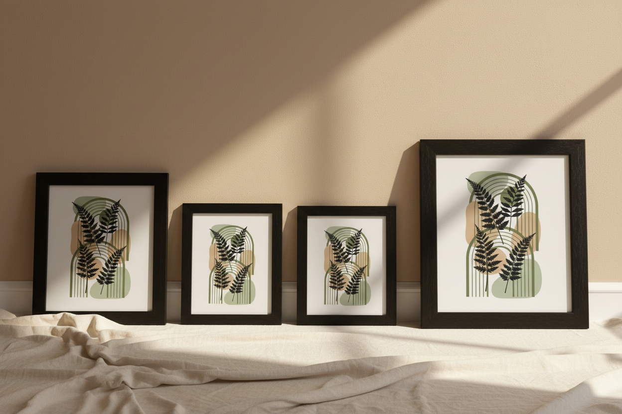Fern poster size comparison 9x11 11x14 12x16 16x20 black frames, botanical wall art sizing guide