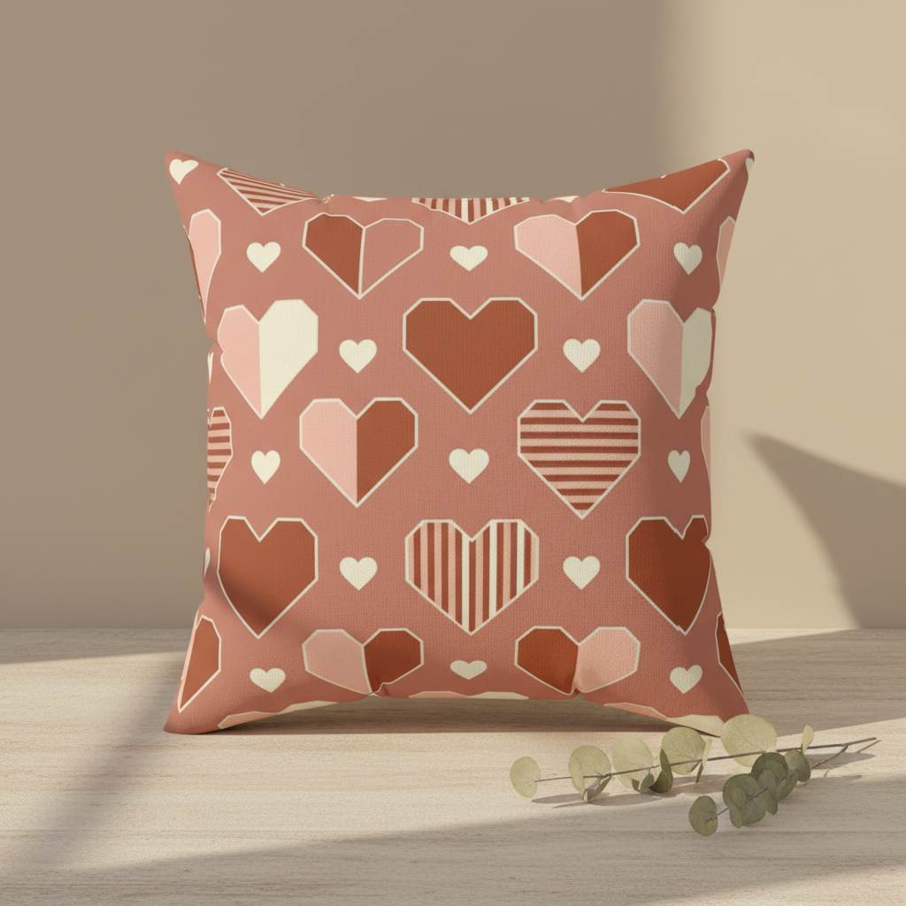 Geometric hearts throw pillow in terracotta blush pink cream with sunlight on wooden surface - Valentine's Day decor