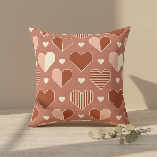 Geometric hearts throw pillow in terracotta blush pink cream with sunlight on wooden surface - Valentine's Day decor