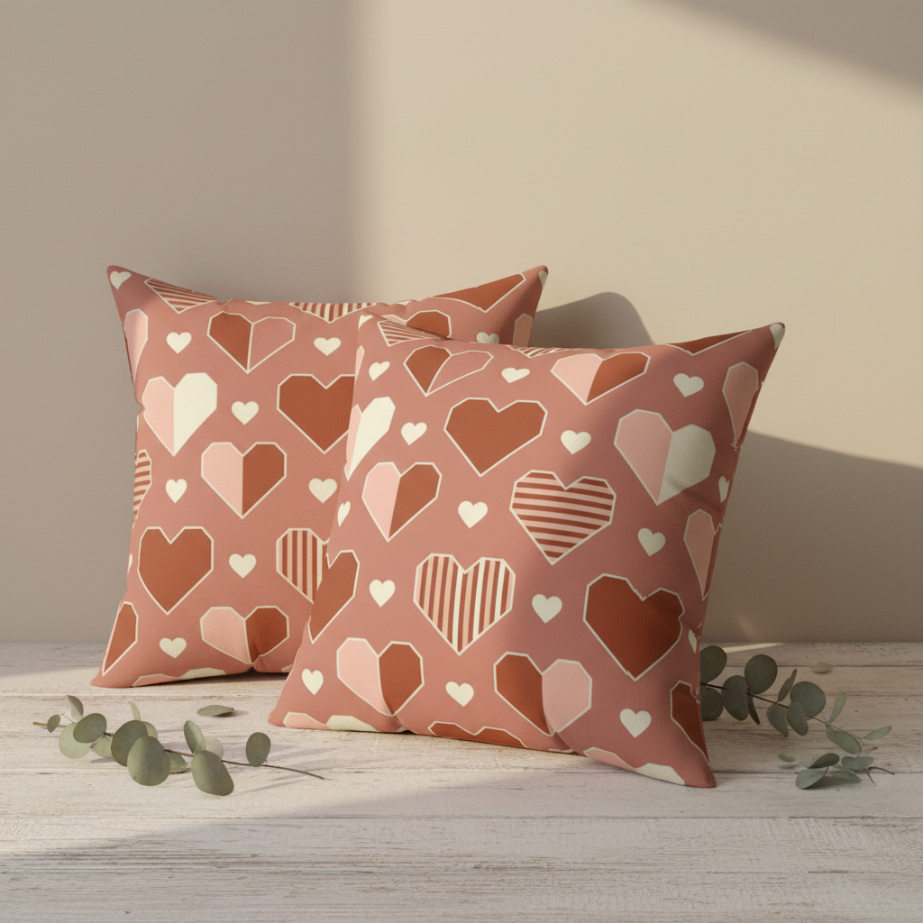 Terracotta blush geometric hearts pillow with eucalyptus leaves - romantic Valentine's throw pillow