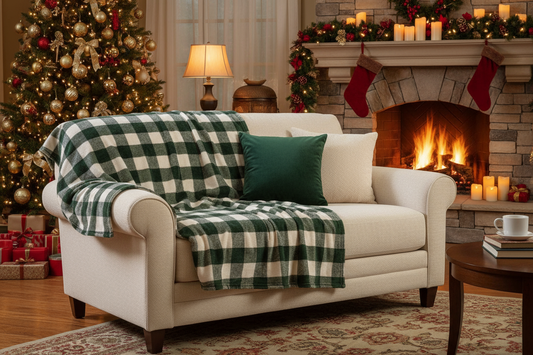 Green beige plaid bundle with blanket and throw pillows, classic farmhouse decor set
