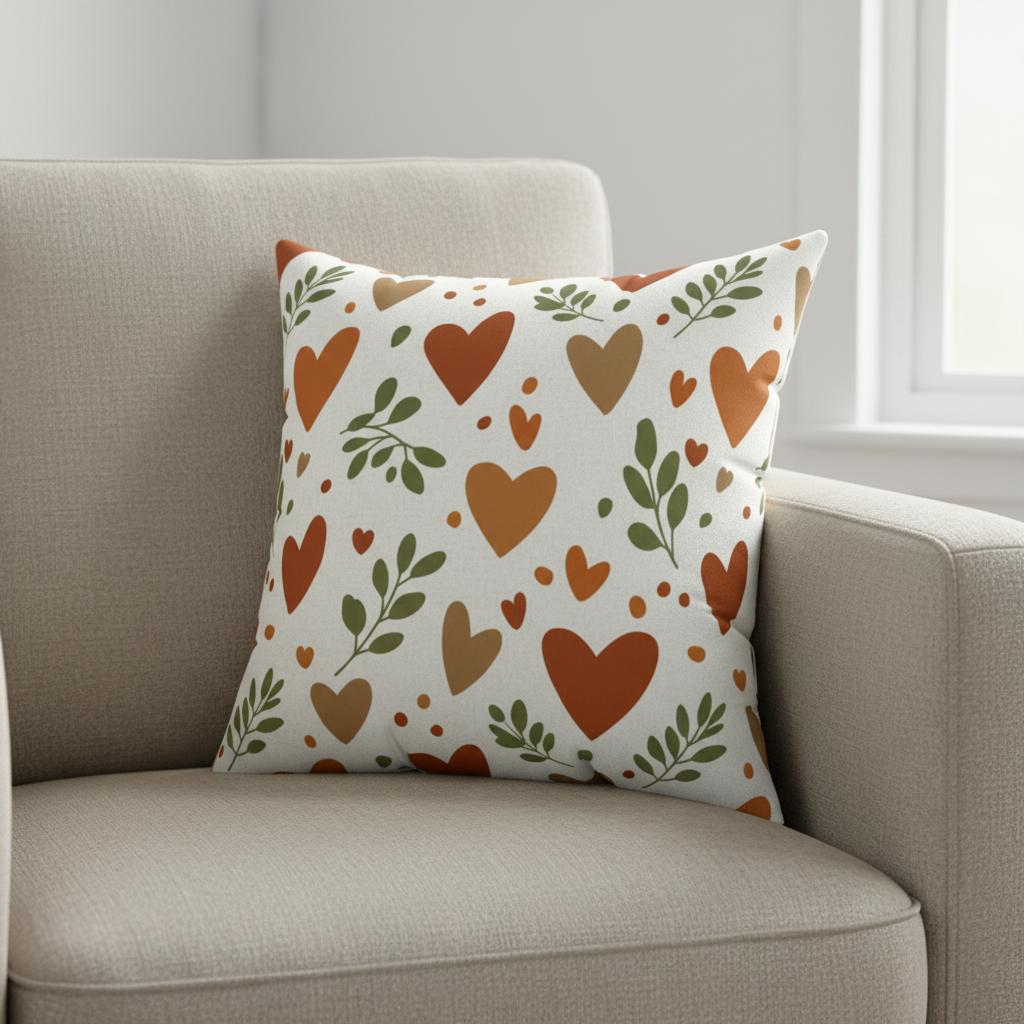  Hearts and leaves throw pillow in terracotta and sage on beige armchair