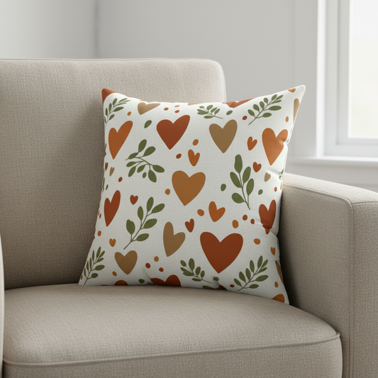  Hearts and leaves throw pillow in terracotta and sage on beige armchair