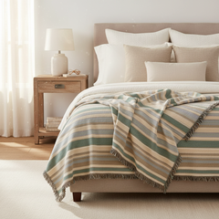 Striped Woven Blanket - Sage Green & Neutral Throw Blanket