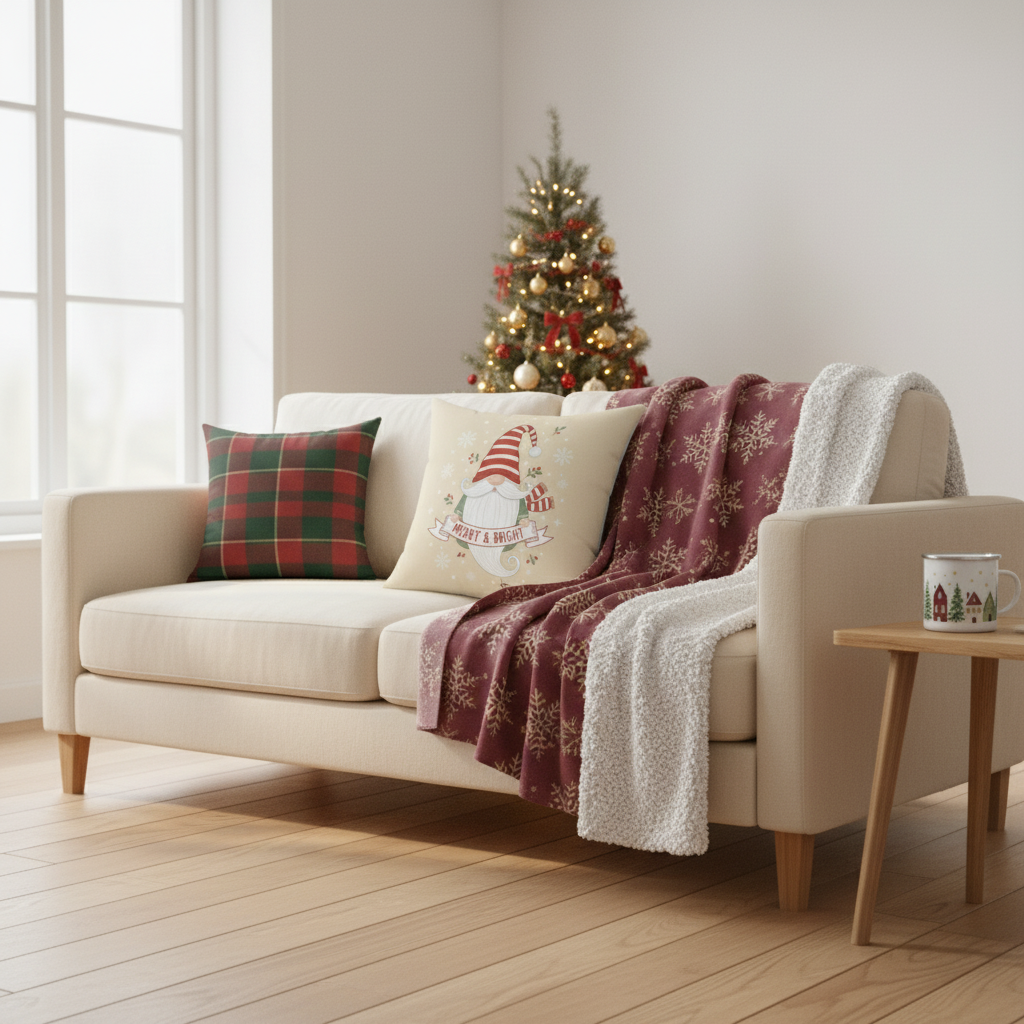 Cozy holiday bundle styled on sofa - blanket, decorative pillows and mug gift set
