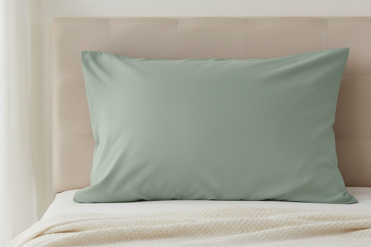 Sage green microfiber pillowcase on bed with neutral beige linens in minimalist bedroom