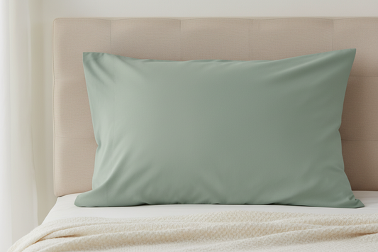 Sage green microfiber pillowcase on bed with neutral beige linens in minimalist bedroom