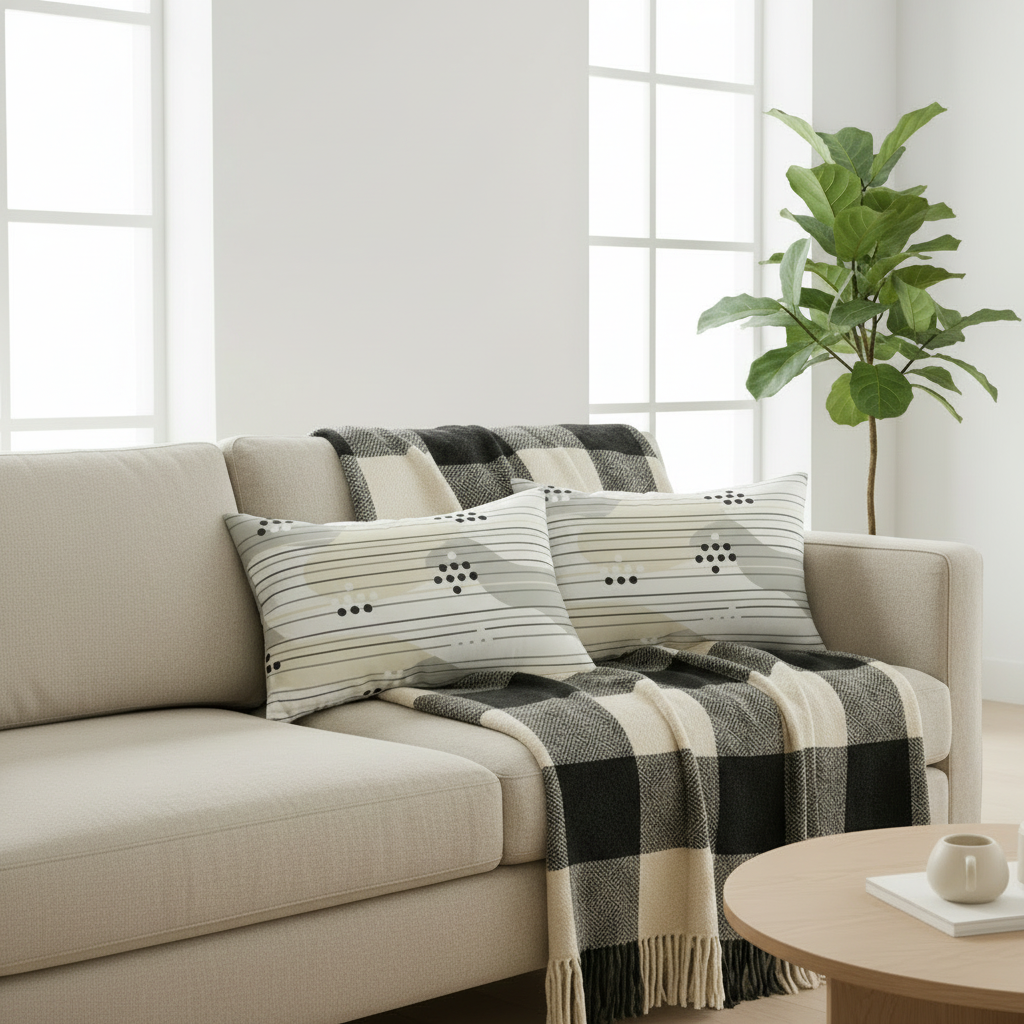 Black and white striped lumbar pillows with buffalo check plaid throw blanket on beige sofa - monochrome home decor bundle