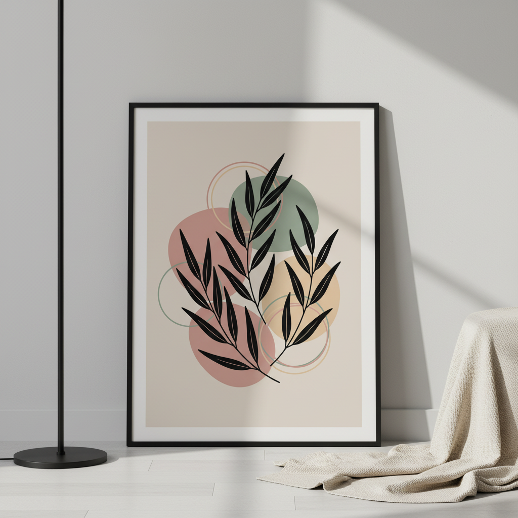 Framed botanical eucalyptus poster with abstract geometric shapes in black frame, modern wall art decor