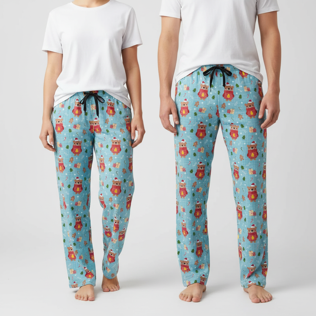 Matching Christmas bear pajama pants for couples - festive holiday loungewear set for men and women