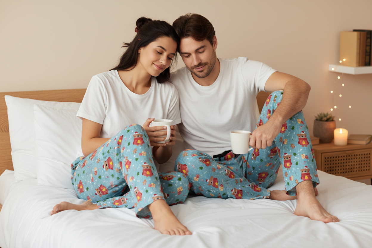 Couple wearing matching Christmas bear pajama pants relaxing on bed - cozy holiday sleepwear