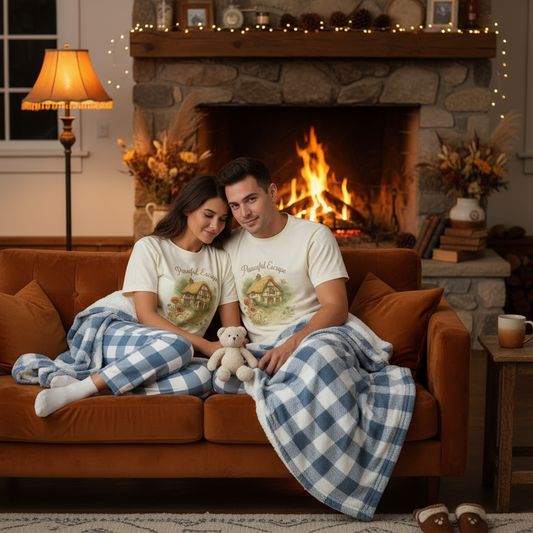 Couple sitting on a couch in front of a fireplace, wrapped in a blue and white checkered blanket.