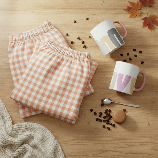 Matching Peach Pajamas & Mugs Set for Two