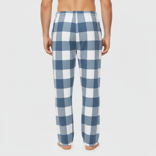 Blue and white checkered pajama pants for men back view showing relaxed fit and elastic waistband