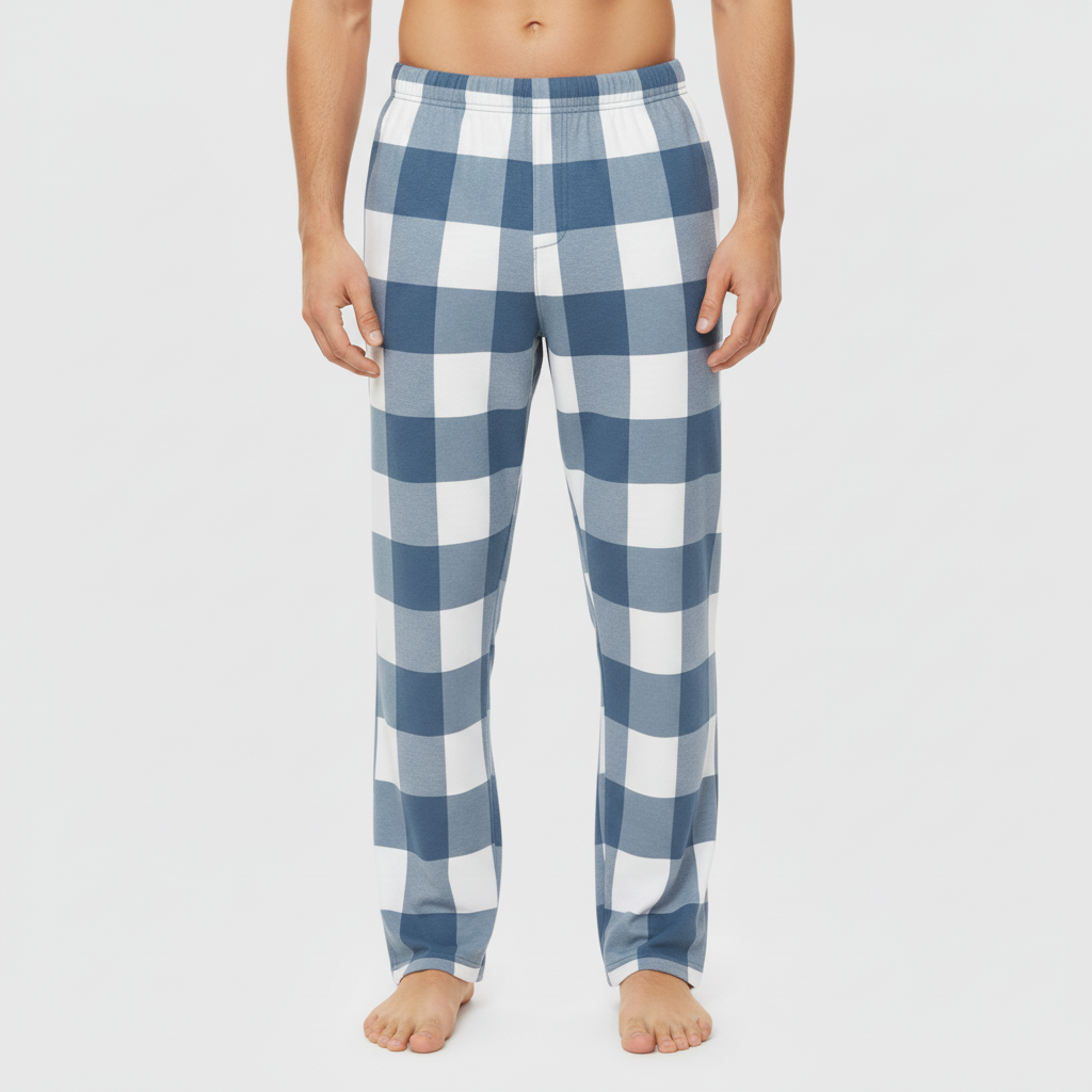 Men's blue and white gingham plaid pajama pants front view on light grey background showing loose wide leg fit