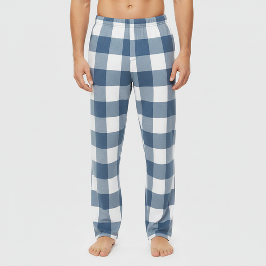 Men's blue and white gingham plaid pajama pants front view on light grey background showing loose wide leg fit