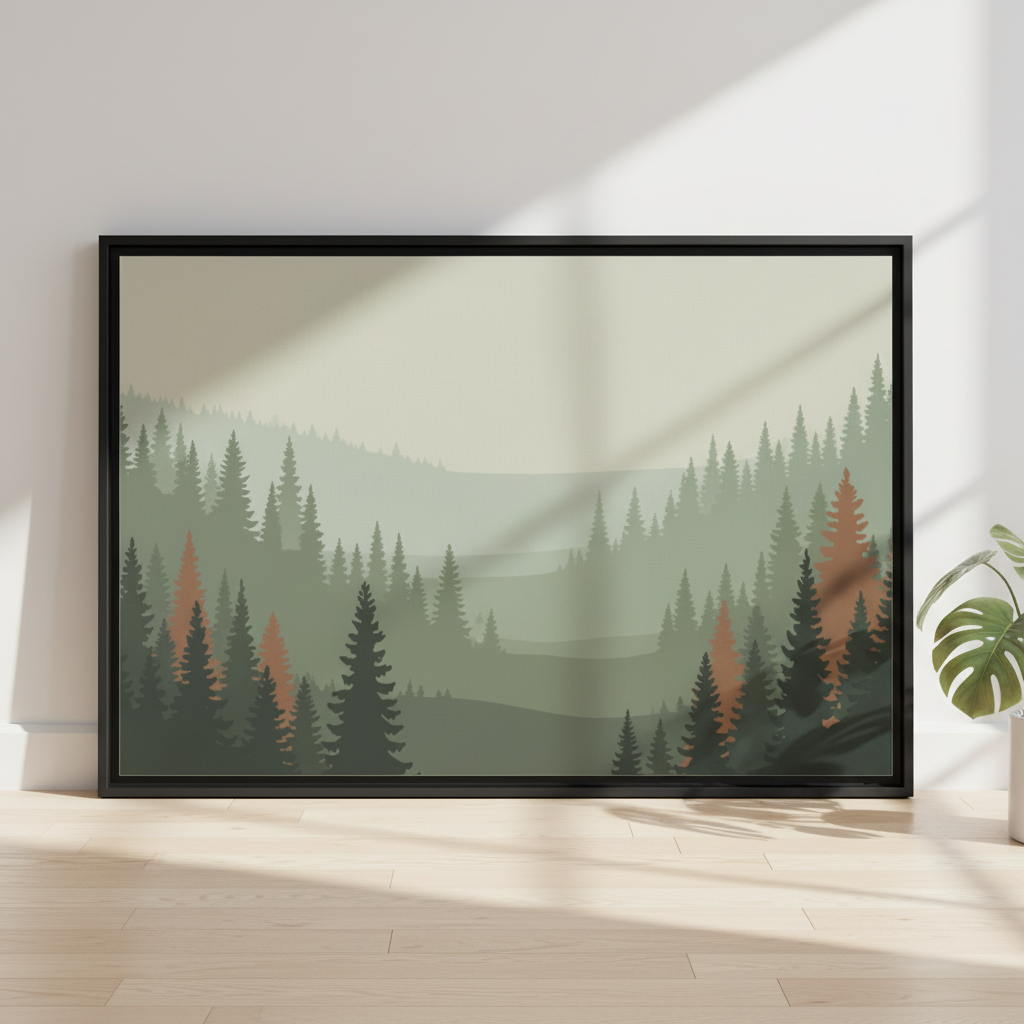 Forest canvas wall art misty mountain landscape print black frame minimal nature decor
