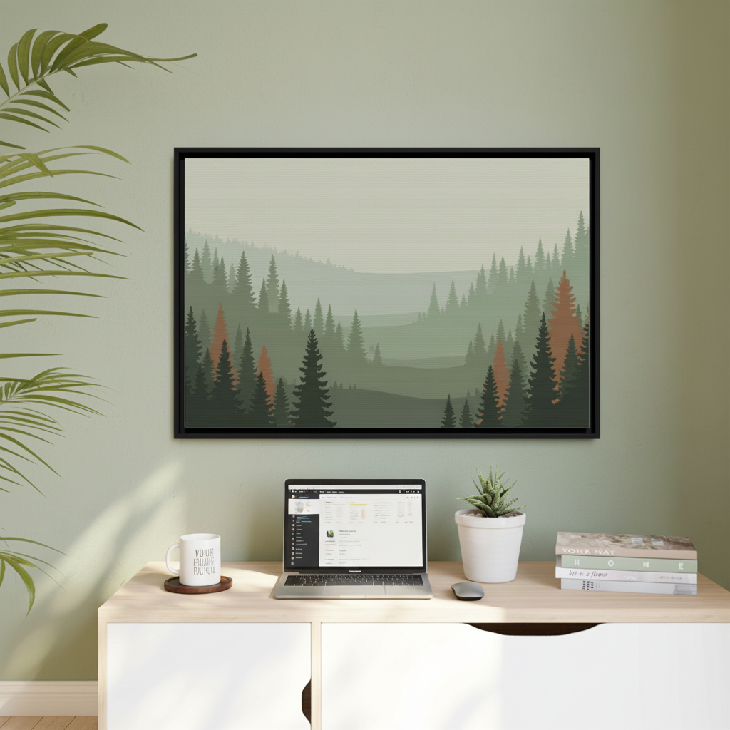 Misty forest canvas print in home office botanical wall art green nature decor workspace
