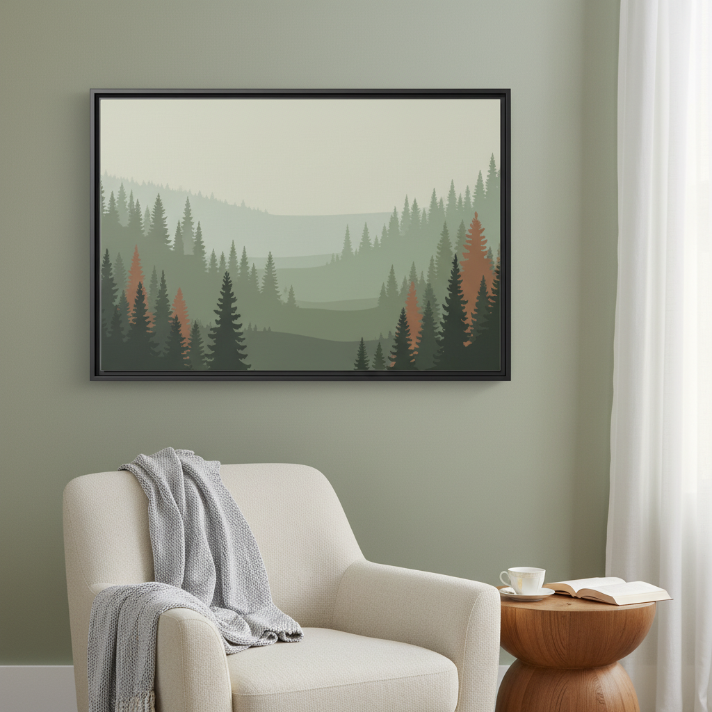 Forest landscape canvas art in reading nook minimal mountain print calming wall decor
