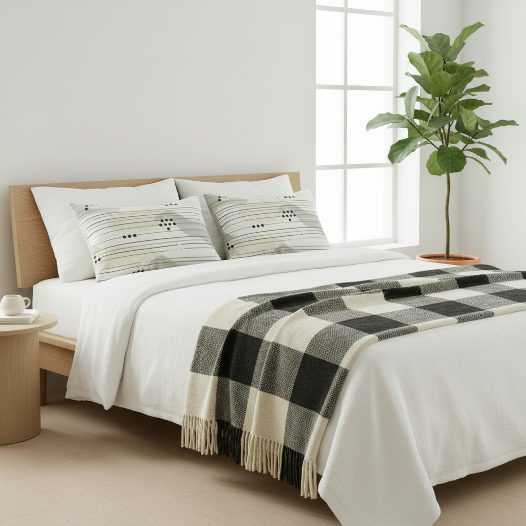 Black and white buffalo check throw blanket draped at foot of bed with striped lumbar pillows - modern bedroom decor