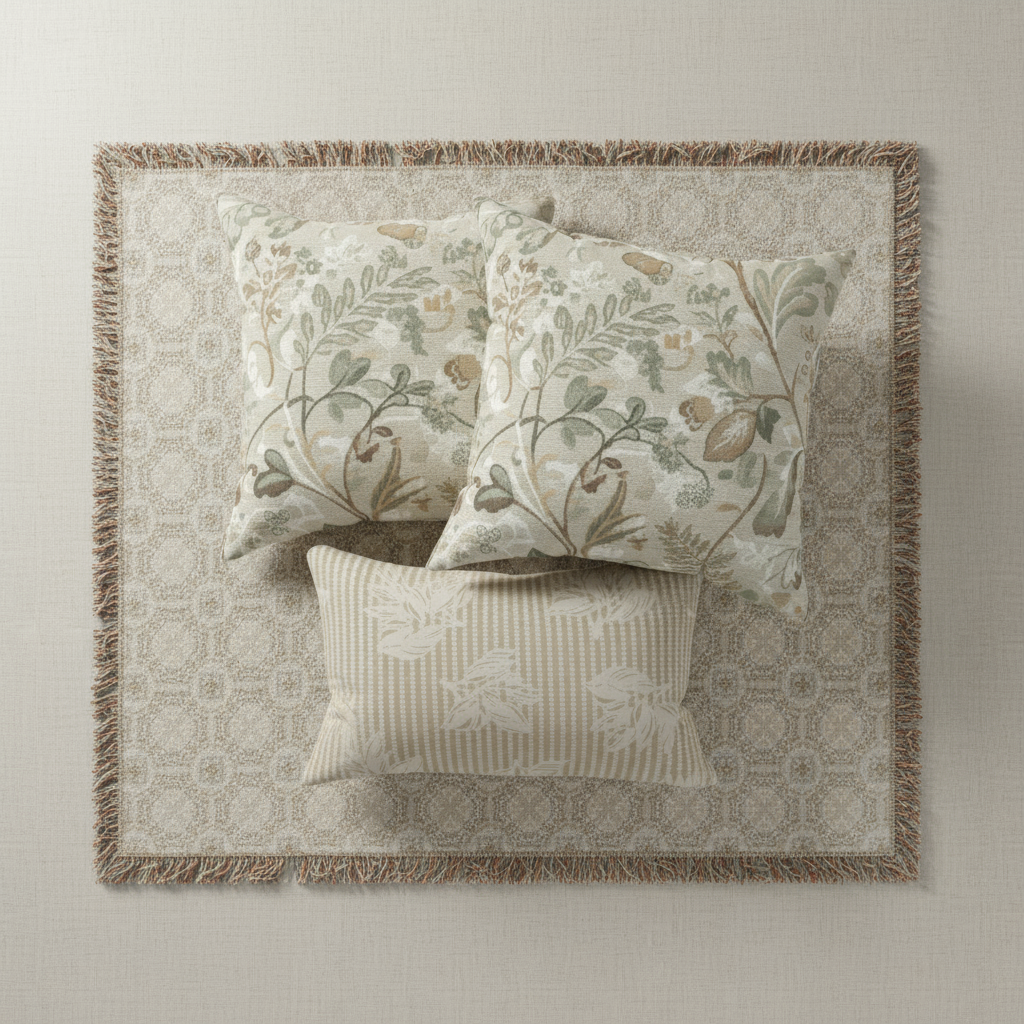 Serene Botanical Home Decor Bundle - Woven Blanket & Pillow Set | 4-Piece