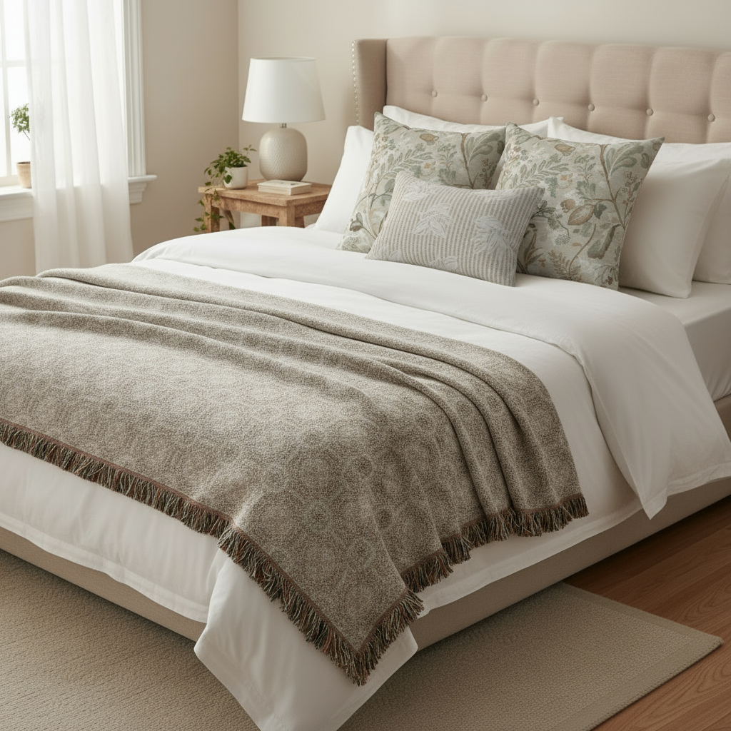 Serene Botanical Home Decor Bundle - Woven Blanket & Pillow Set | 4-Piece