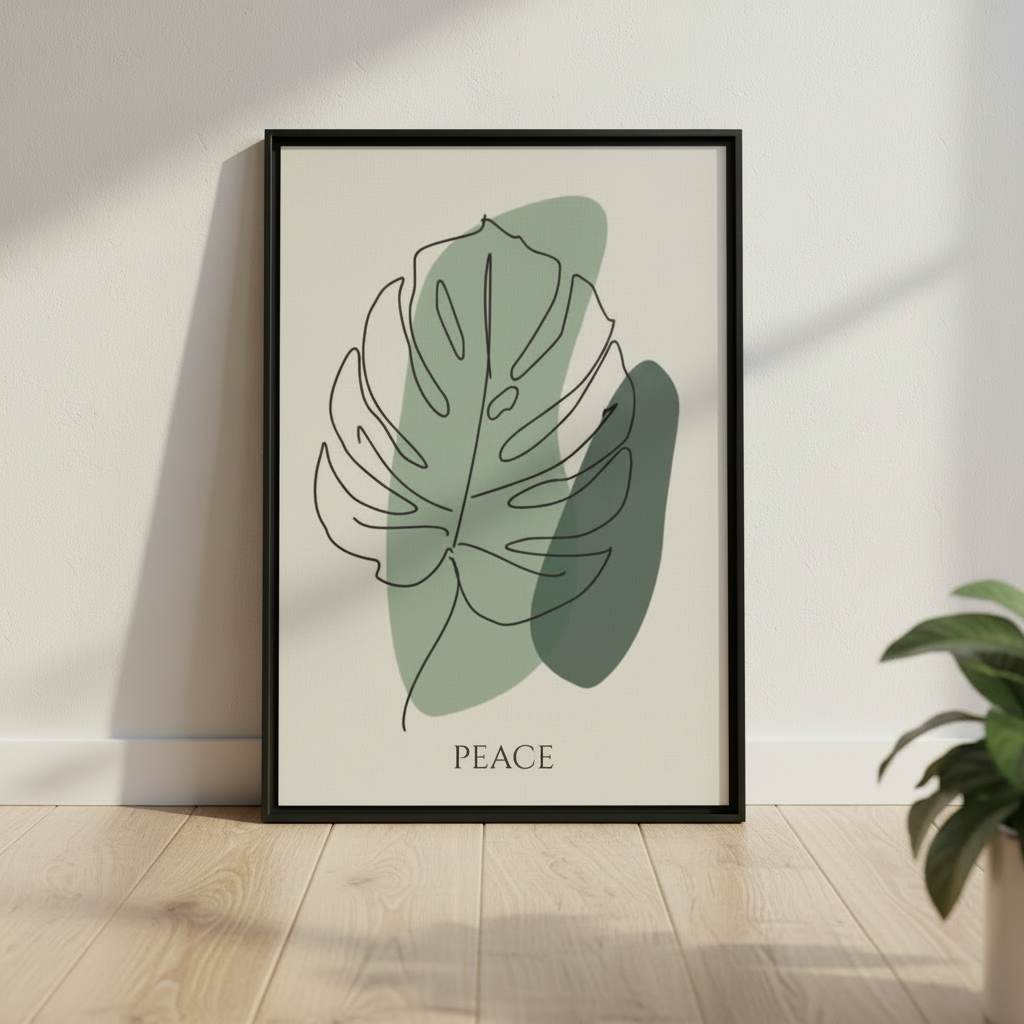 Peace leaf framed canvas art with monstera botanical print in black frame leaning against white wall on light wood floor